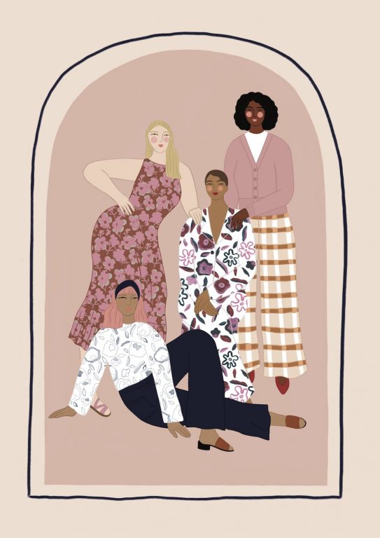 Illustration von vier Frauen unterschiedlicher Ethnie International Women's Day 2021