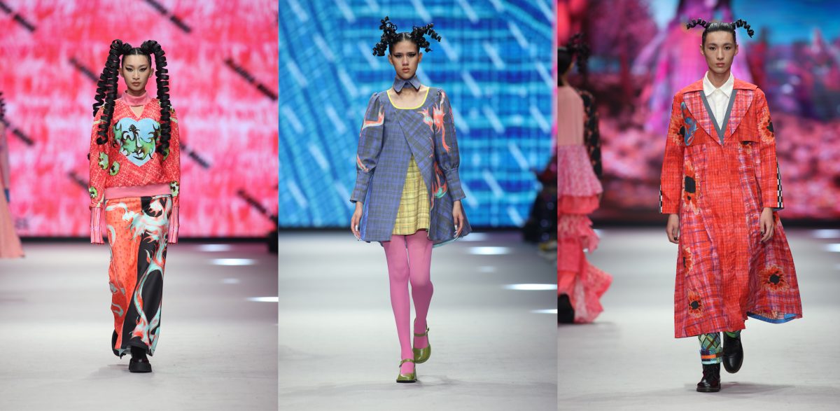 Drei Outfits von Designerin Claudia Wang.